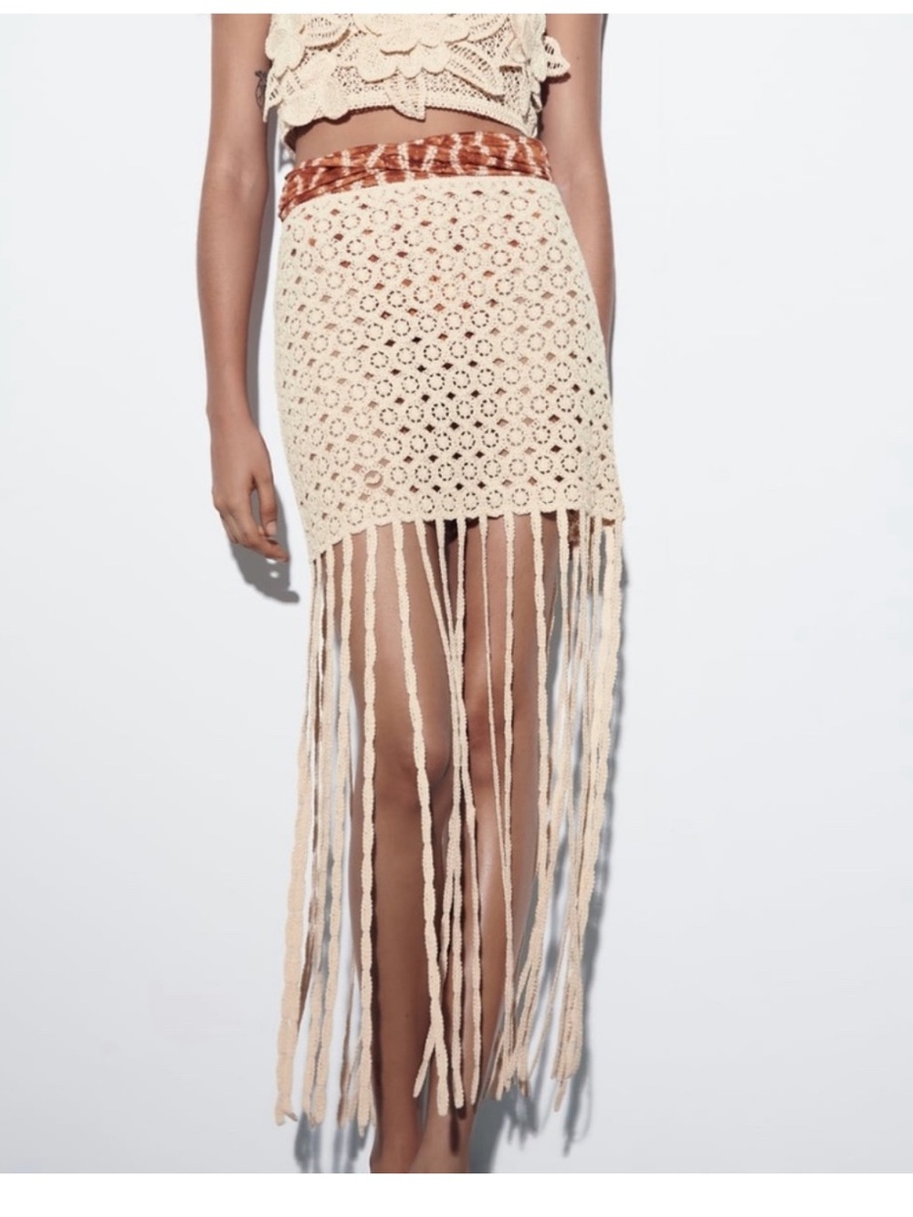 Zara Cream Crochet Fringe Mini Skirt with Brown Waistband